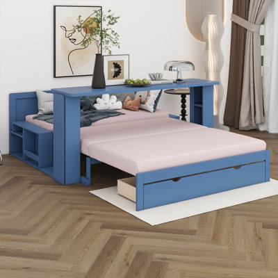 Lit de jour double avec bureau amovible, structure de lit de jour en bois avec tiroirs de rangement et table d'appoint hydraulique