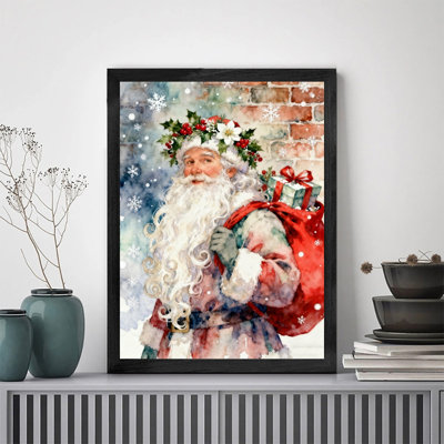 Black Framed Vintage Watercolor Santa Claus Wall Art - Festive Floral Christmas Wall Decor with Retro Aesthetic Style Framed Prints