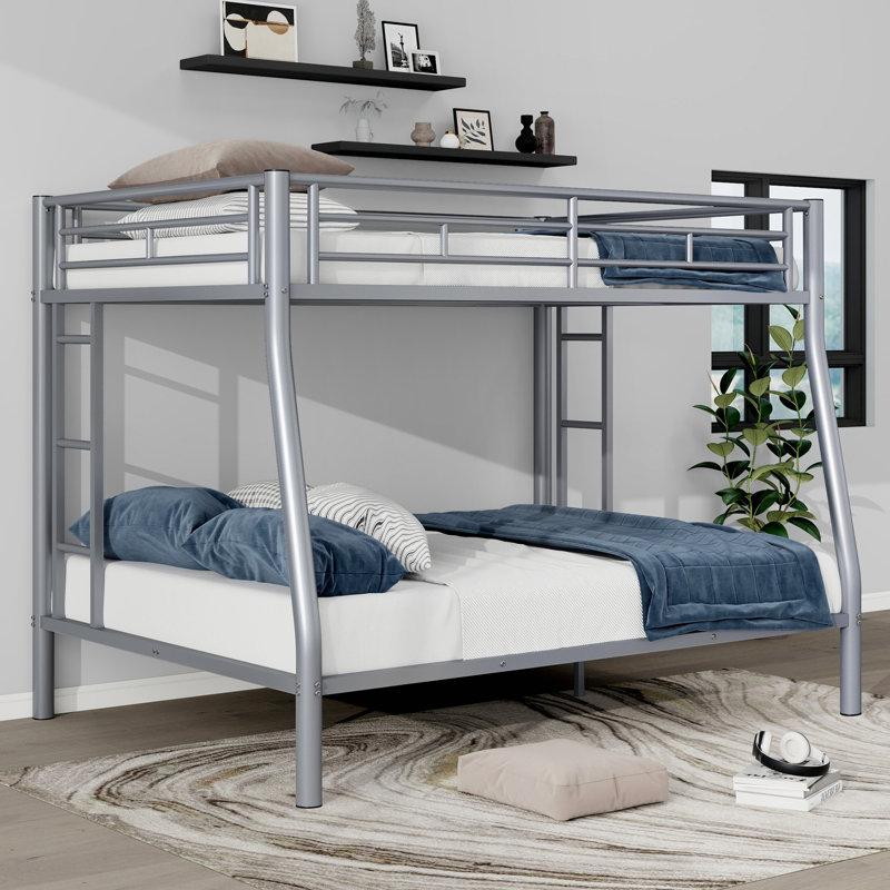 Mattek Twin XL Over Queen Metal Bunk Bed With Ladder And Guardrails, Full XL, Silver