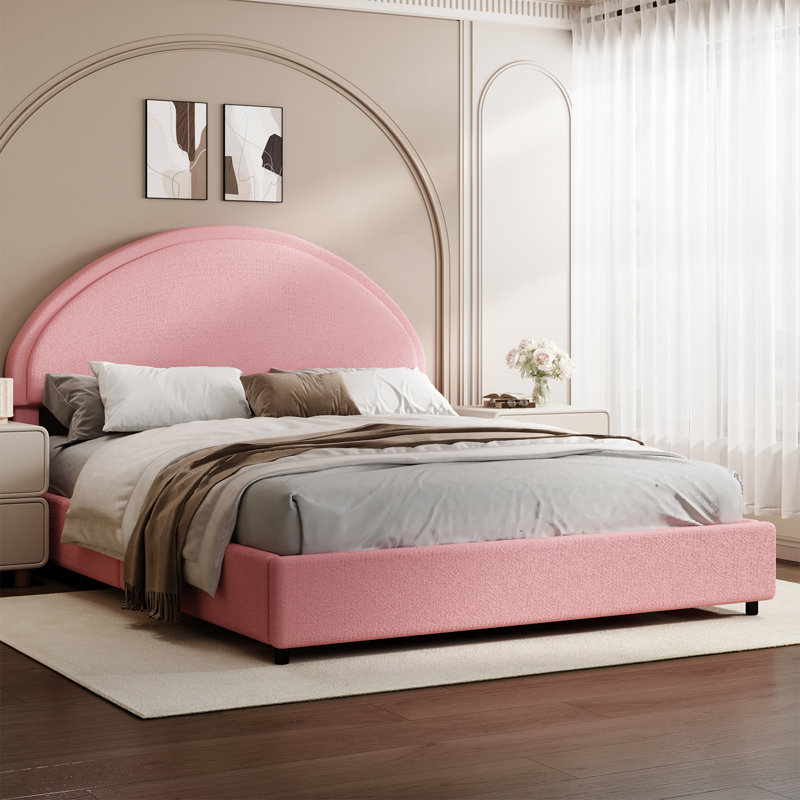 Bensu Luxury Curve-Shaped Headboard Bed Frame, Elegant Boucle Upholstered Platform Bed with Modern Design, Queen, Pink