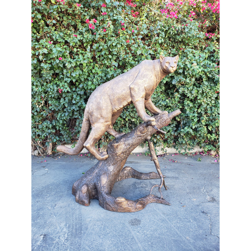 Mountain Lion Going Up A Tree Log Bronze Statue -  Size: 42"L x 65"W x 69"H.