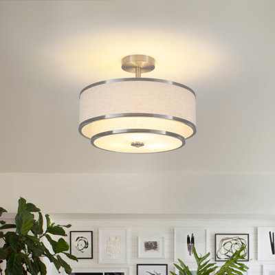 Semi Flush Mount Ceiling Light Fixture, Modern Light Fixtures Ceiling Mount with Fabric Shade, 3-Light Double Drum Lighting Fixtures Close to Ceiling Light for Bedroom