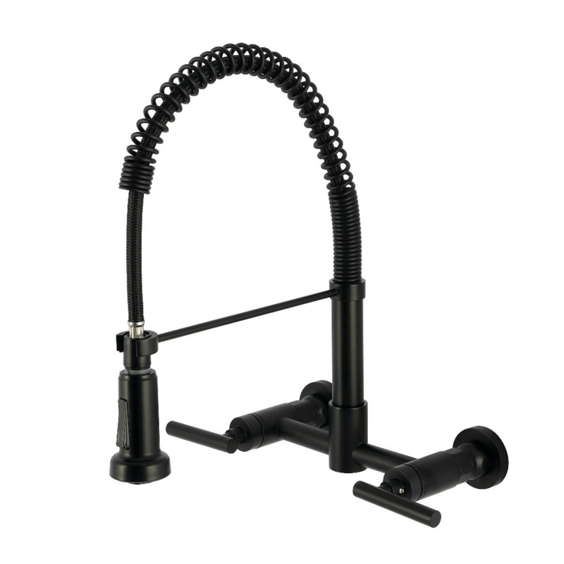 Kingston Brass Manhattan Double-Handle 2-Hole Wall-Mount Pre-Rinse Bridge Kitchen Faucet, Matte Black