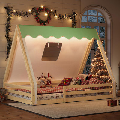 Full Size House Floor Bed With Tent And Light, Solid Wood Teepee Floor Bed With Full-Length Guardrails, Montessori And Childlike Design,Natural+Green