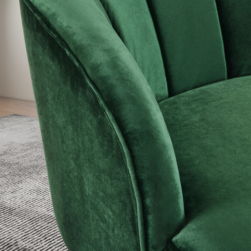 Gabrianna Upholstered Barrel Channel Chair With Wooden Legs, Emerald Polyester