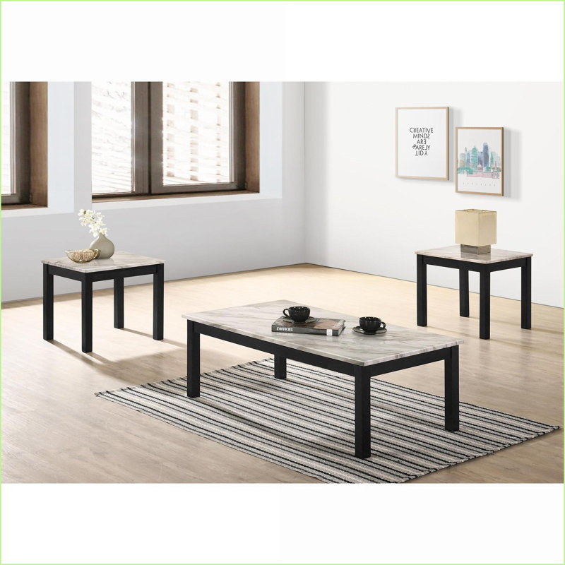 Ensemble de tables basses 3 pièces Traditional avec plateau en faux marbre gris, facile à assembler pour le salon