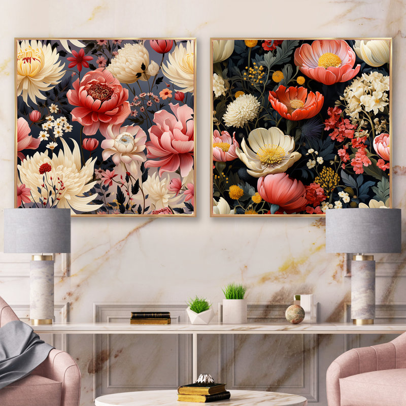 Native Grace - Jardin sauvage rose - Ensemble de 2 collages floraux carrés, Cadre flottant doré, H 16 po x l 33 po