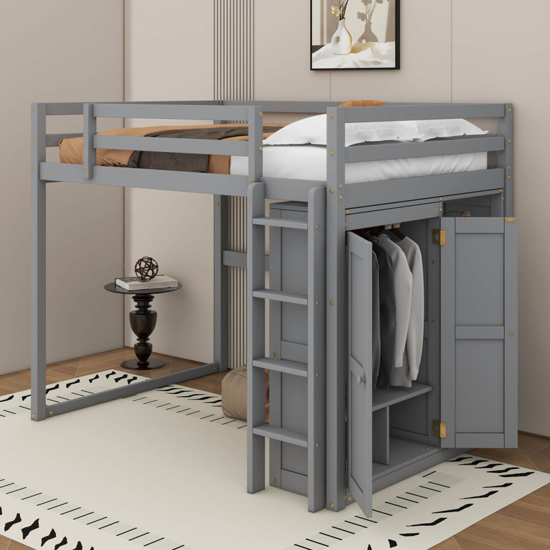 Lit mezzanine double avec tablettes et DEL, Gris