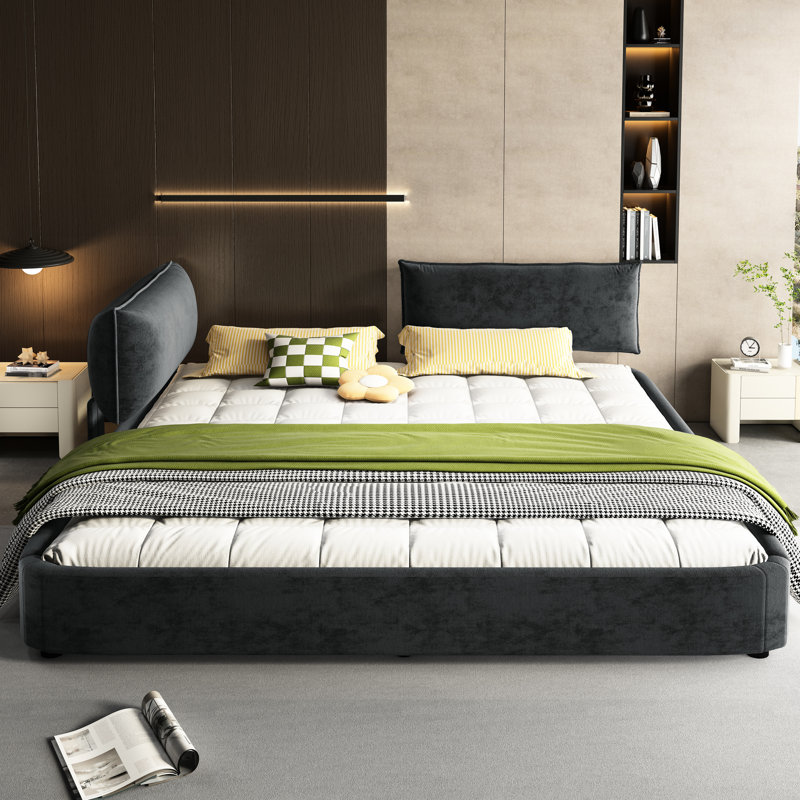 Très grand lit nuage gris foncé, revêtement en chenille, réglable, sans sommier, support en métal et bois de pin pour lit confortable avec tête de lit mobile, gris, pieds solides