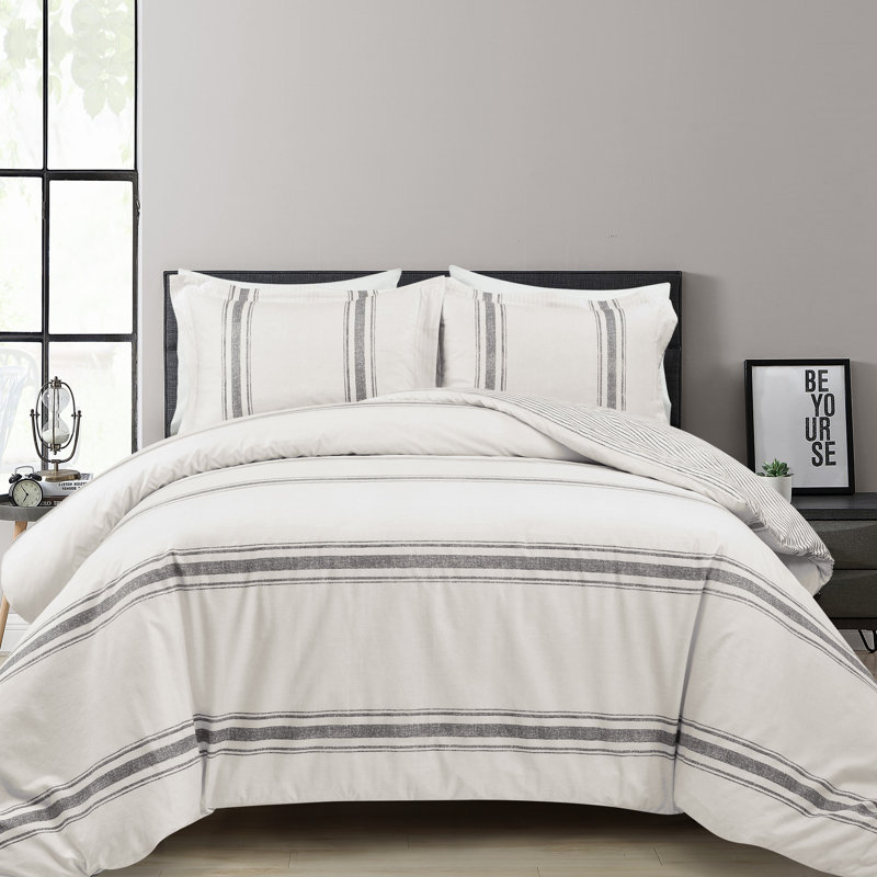 Ensemble d'édredon réversible en coton standard Gilroy Farmhouse, Très grand édredon + 2 taies décoratives, Gris