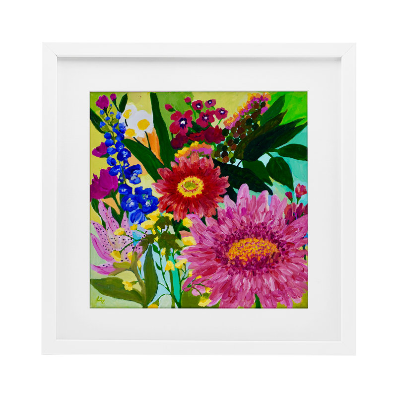 «Front Yard Florals», reproduction sous verre encadrée, conception par Lee Ann Zirbes, H 13 po x l 13 po, Cadre blanc côtier
