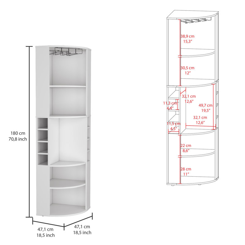 Oban Corner Bar Cabinet with Five Shelves , Eight Bottle Cubbies and Steamware, White