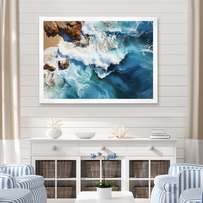 Skyblue vue aérienne des vagues côtières IV - plage, art mural, Cadre de coin blanc fermé, H 30 po x l 40 po x P 1,5 po