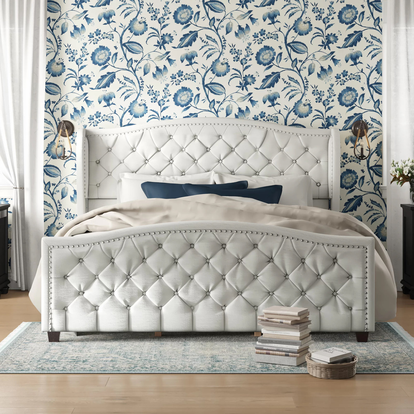 Coleman Velvet Upholstered Wingback Bed, Antique White Velvet, King