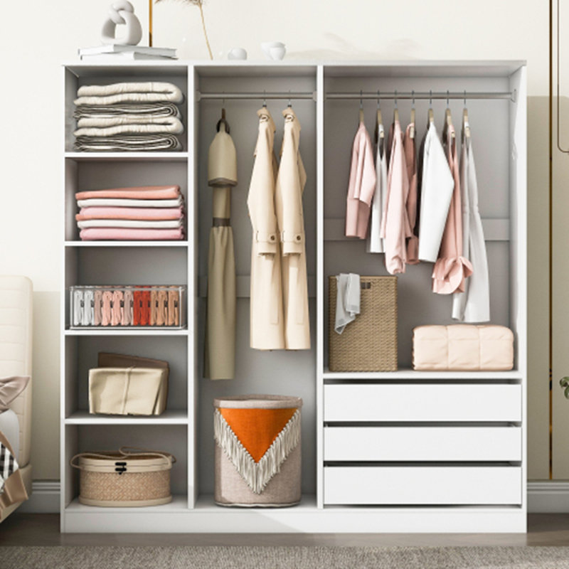 Armoire sans porte en bois avec tablettes et 3 tiroirs, Blanc