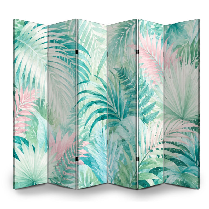 Cloison pliante 6 panneaux paravent palmier tropical pastel feuilles de style aquarelle, 6, H 71 po x l 96 po x P 1 po