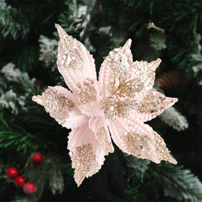  Faux fleurs artificielles en fausse soie de Noël Magnolia scintillant avec tiges Décoration d'arbre de Noël Couronne de fleurs Décoration de Noël