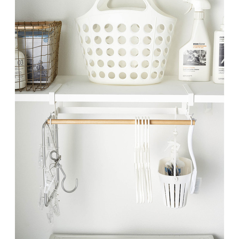 Compact Wooden Undershelf Laundry Organizer with Hanger Bar