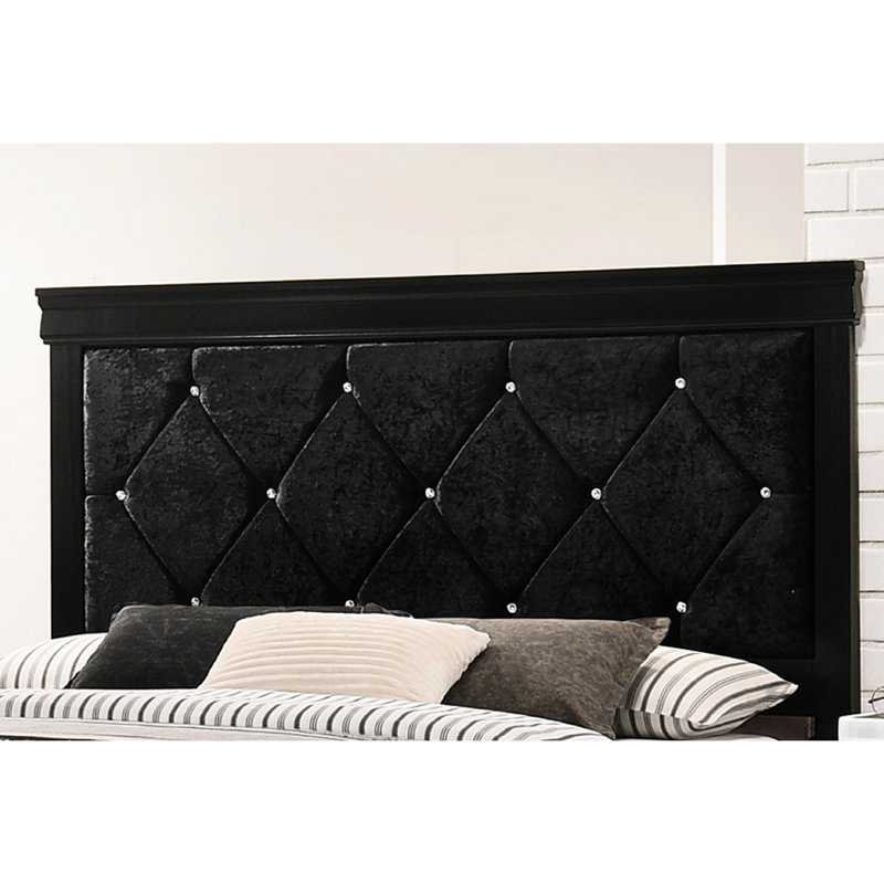 Black Finish King Size Bed With Headboard And Spectacular Button Tufting, Strong Frame Panel Splendid Framework Construction Element Component