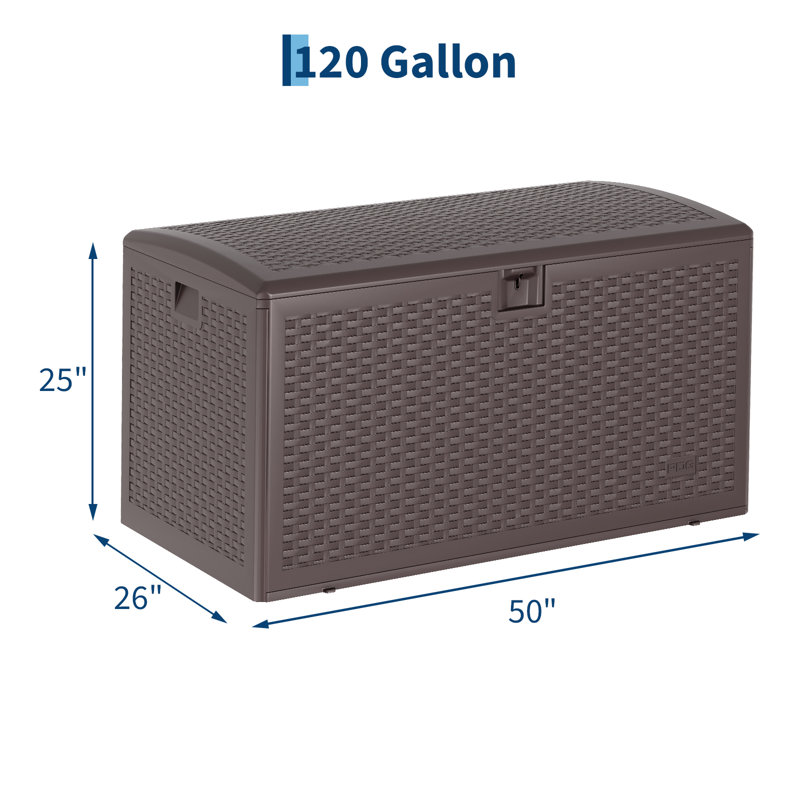 120 Gallon Waterproof Resin Deck Box – Large Lockable Outdoor Storage Container with Hydraulic Rod for Patio Furniture, Cushions, Garden & Pool Tools – Durable & Versatile – Brown, Gas Strut Included