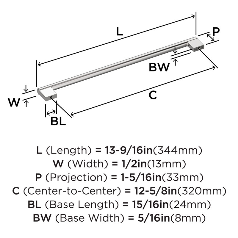 Versa 12-5/8 inch (320mm) Center-to-Center Polished Chrome Cabinet Pull, 12 5/8", Polished Chrome, 1