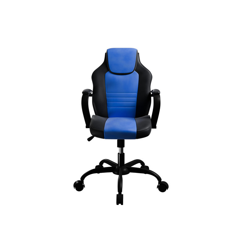 Chaise de bureau de jeu avec siège rembourré confortable, similicuir noir et bleu, cinq roulettes et hauteur réglable pour un travail de couleur moderne,