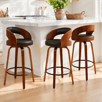 26" Modern Swivel Counter Stool with Bentwood Frame Leather Upholstery