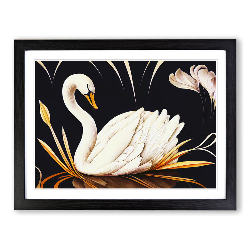 Swan Art Nouveau - Single Picture Frame Print, Black Framed, 46cm H x 64cm W x 2cm D