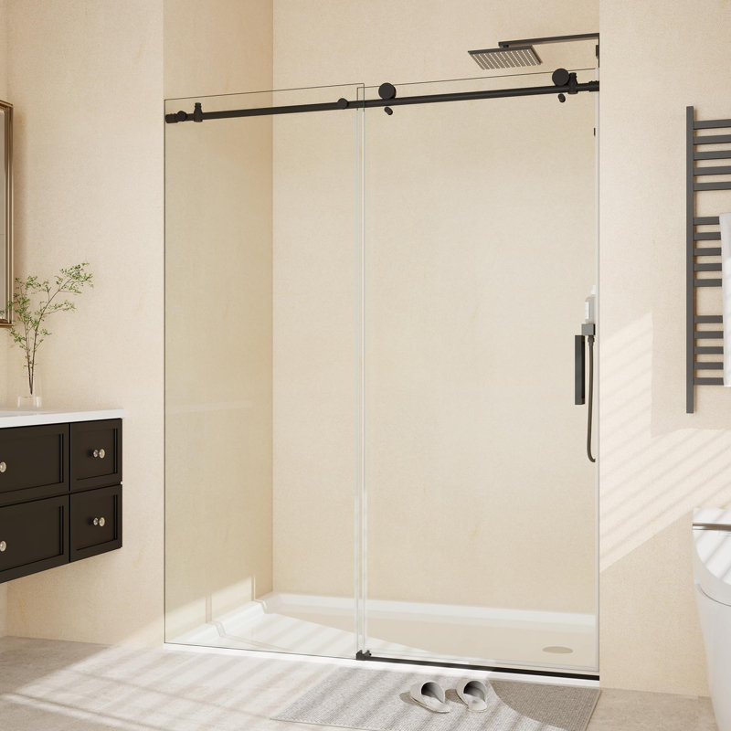 Frameless Sliding Glass Shower Door – 44–48" W x 76" H – 8mm Tempered Glass – Brushed Stainless Steel Round Rail – Explosion-Proof Film, Easy-Clean, Seal Strip – Modern Bathroom Sliding Door