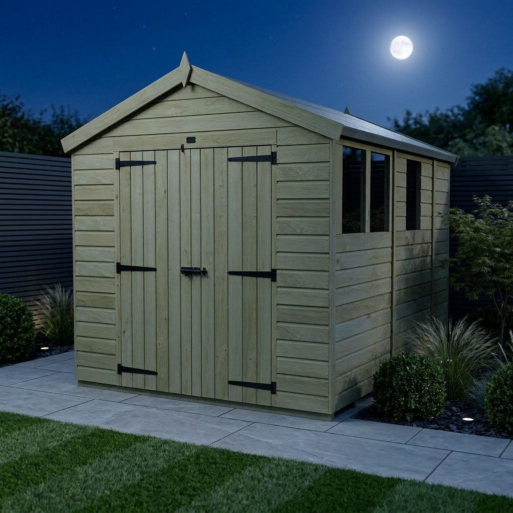 Total Sheds 8ft x 9ft Apex Garden Shed - Double Door - With Windows - Pressure Treated Timber - UK Manufactured