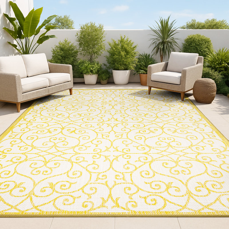 Tapis intérieur / extérieur crème / jaune Deilani, Rectangle 3 pi 1 po x 5 pi