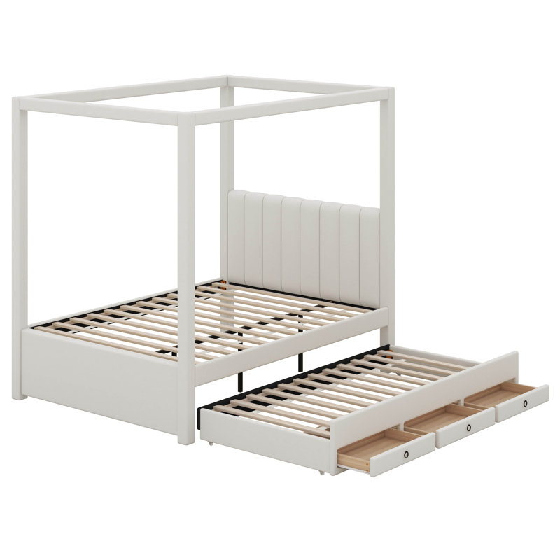 Lit plateforme à baldaquin double avec couchette et trois tiroirs de rangement Bunsley, Beige