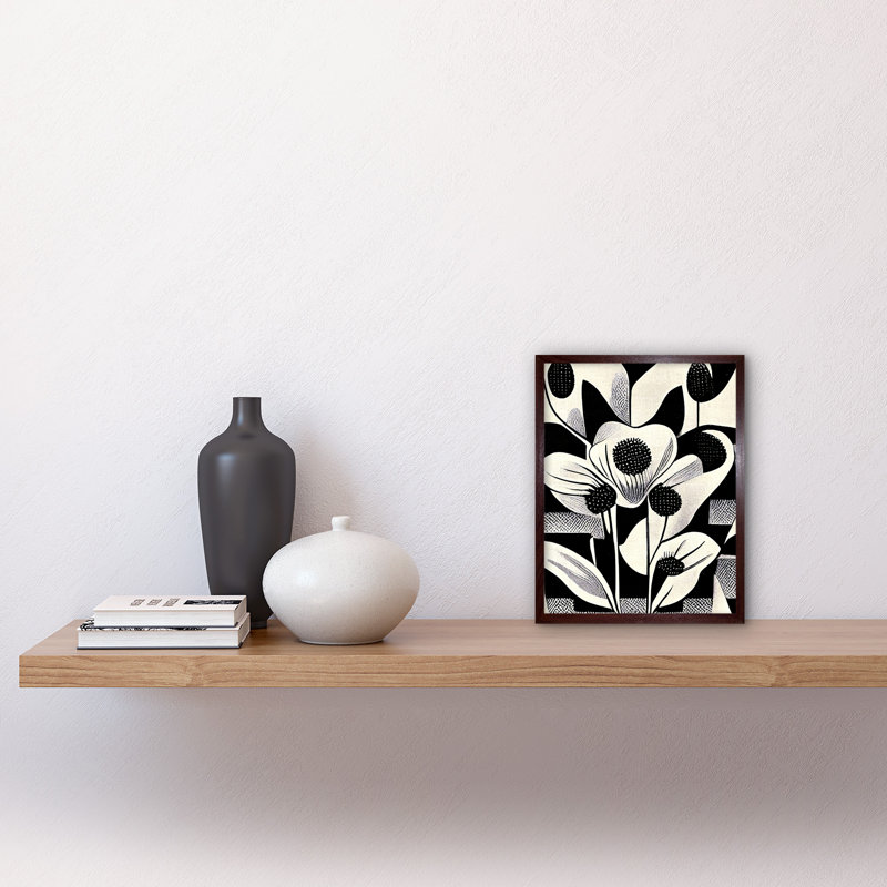 Monochrome Abstract Retro Flower Pattern - Print, Brown Framed Paper, 25.9cm H x 20.6cm W