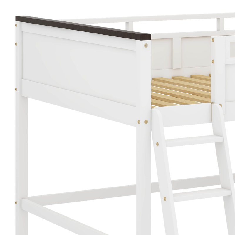 Grand lit mezzanine avec bureau, charge USB et tablettes de rangement