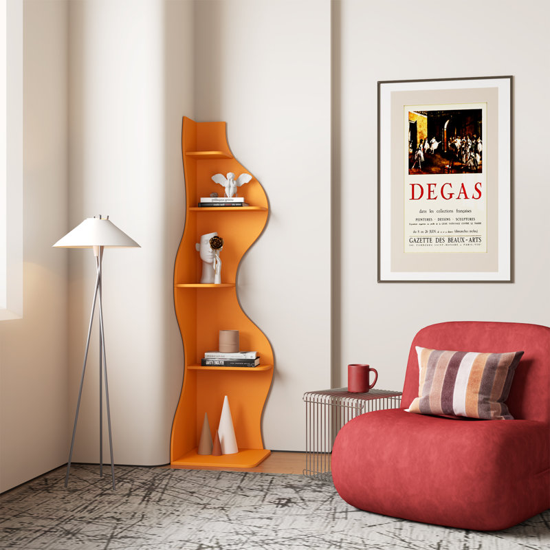 Bibliothèque d'angle, étagère murale moderne à 5 niveaux avec petit support de rangement ondulé pour petit espace, Orange