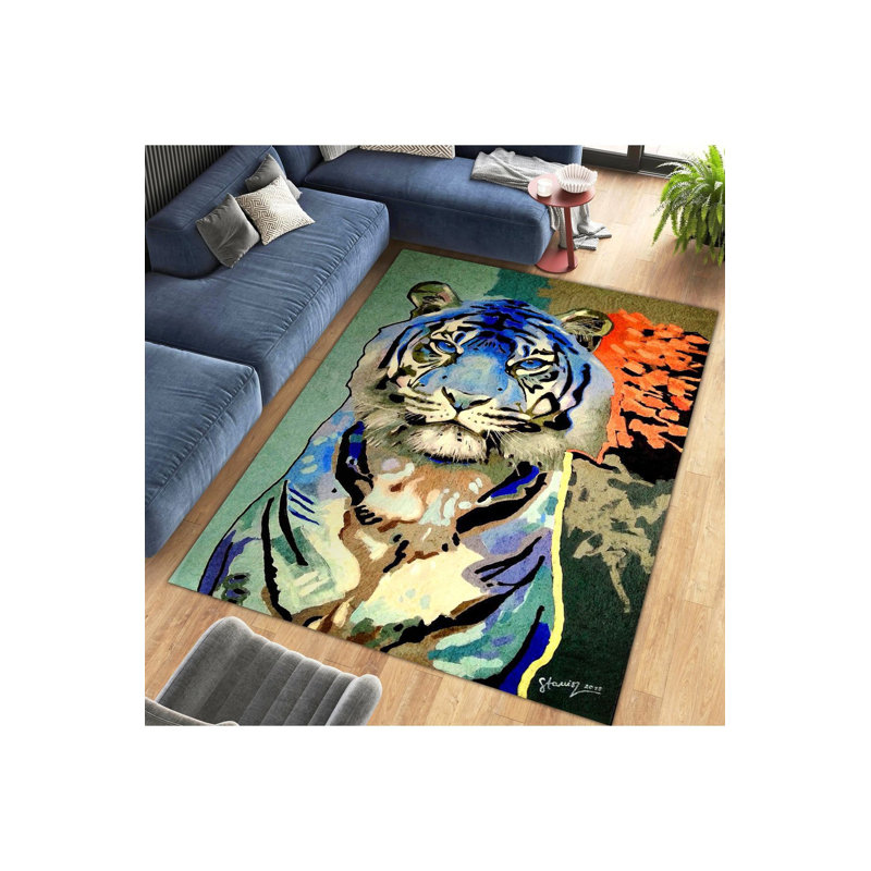 Tapis décoratif tigré à motif tigré bleu orange Northern Collection, Sous-tapis rectangulaire de 3 pi 3 po x 4 pi 11 po
