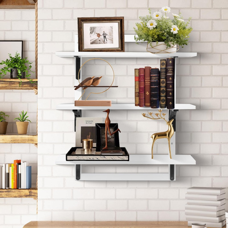 23.6-Inch Floating Shelves For Wall, 3-Tier Wooden Wall Mounted Shelves With Foldable Brackets, Heavy-Duty Storage For Kitchen, Living Room, Bedroom, Bathroom