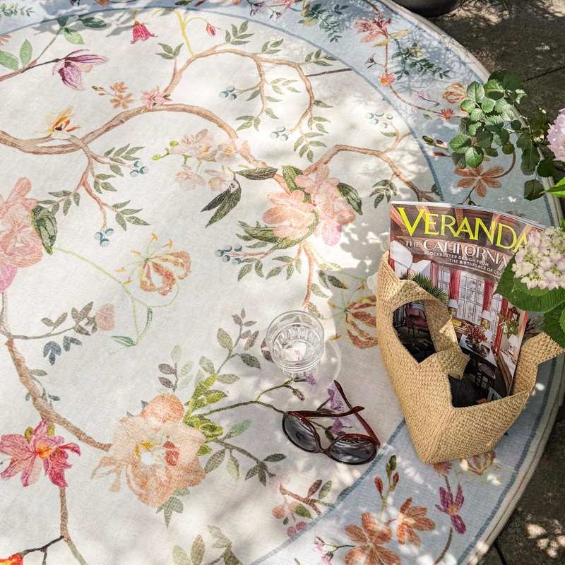 Chinoiserie Carpet Vintage Floral Rug Washable Non-slip Beige/Blue, Round 6', Beige/Blue