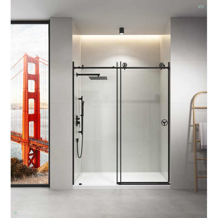 60 In. W X 76 In. Hsliding Frameless Shower Door In Matte Black With Clear Glass