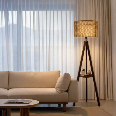 59'' Tall Boho Tripod Floor Lamp with Rattan and Fabric Shades for Home, 1 Pallet