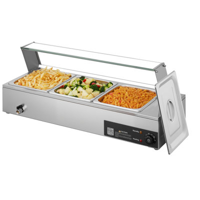 Commercial Food Warmer, 1500W Electric Stainless Steel Steam Food Warmer with Glass Cover, Countertop Buffet Bain Marie with Three 1/2 Size Food Pans, for Catering, Restaurant, Party & Buffets
