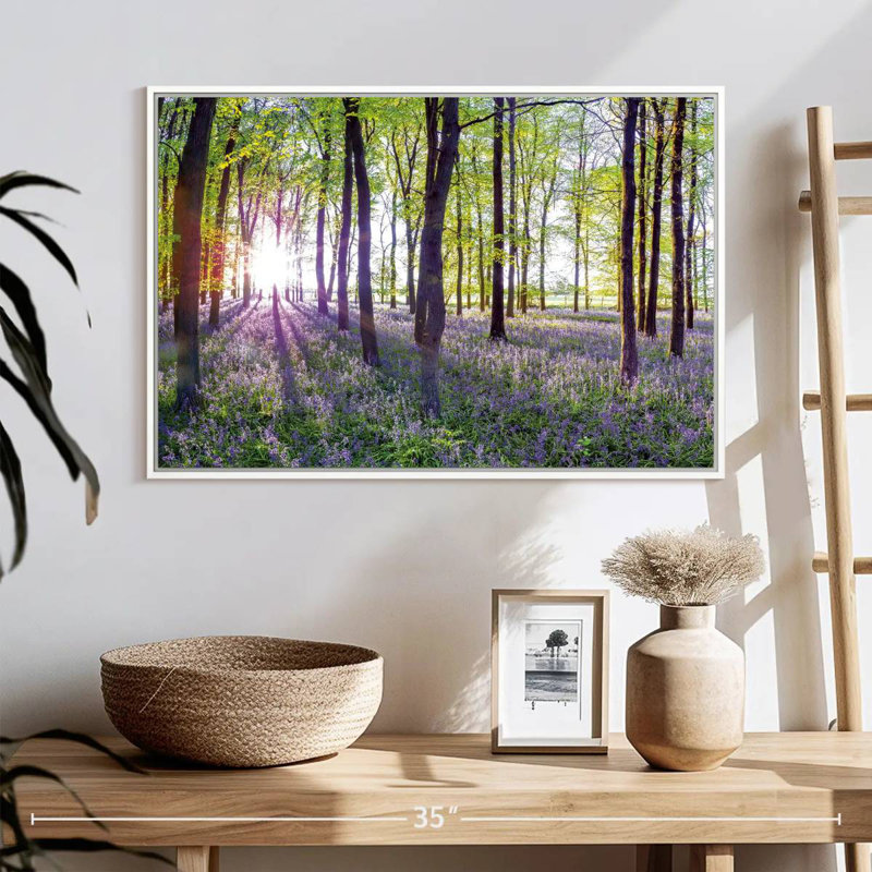 Bluebells and sunrise, Cadre flottant blanc, 25 po x 17 po