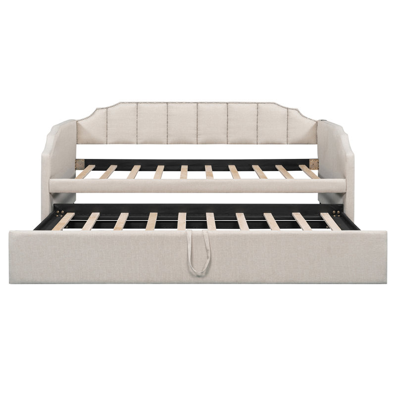 Lit de jour simple rembourré avec couchette escamotable et ports de chargement USB, beige, Beige