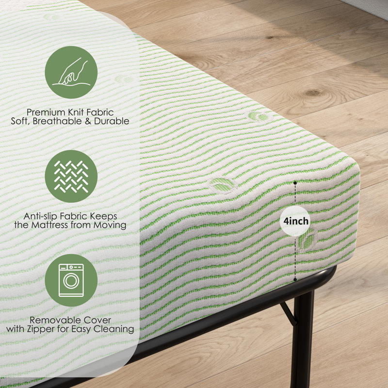 4 Inch Gel Memory Foam Sofa Mattress Queen Size, Mattress Replacement For Sleeper Sofa, Couch Bed, Guest Rooms, Rvs & Boats, White&Green