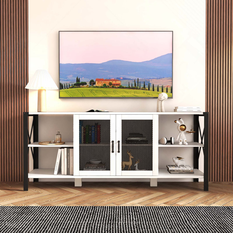 Ruvi Industrial Farmhouse TV Stand, Wood & Metal, Open Shelf, Living Room/Bedroom, White