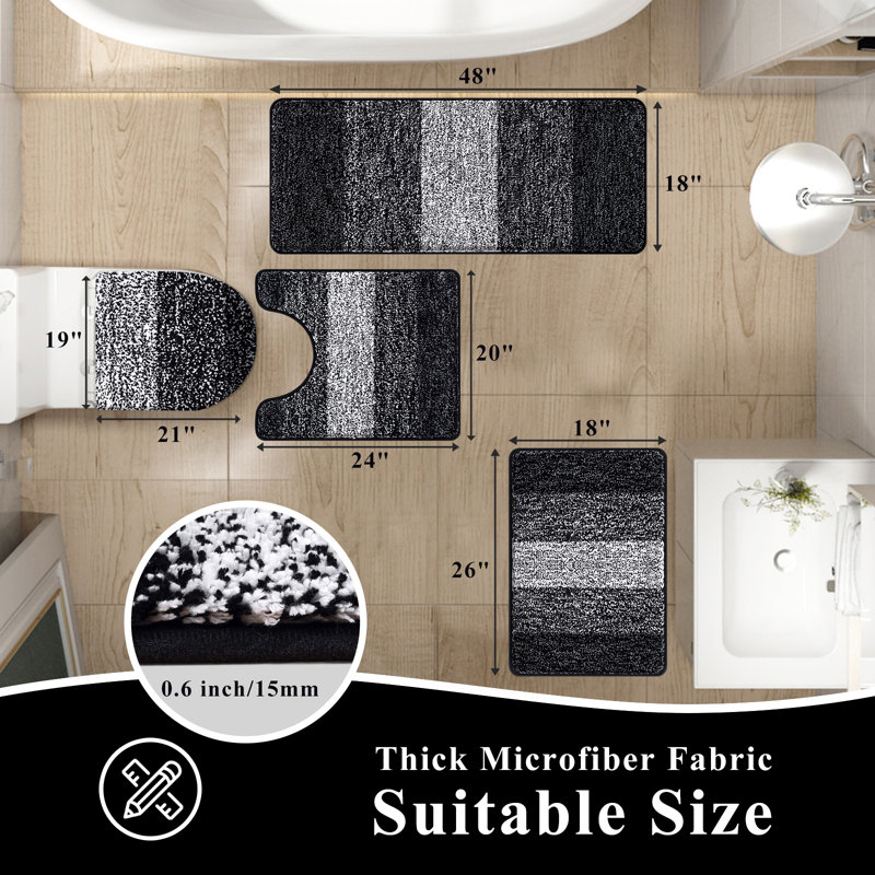 4 Piece Soft Absorbent Microfiber Bath Rug Set with Non-Slip Backing, Black