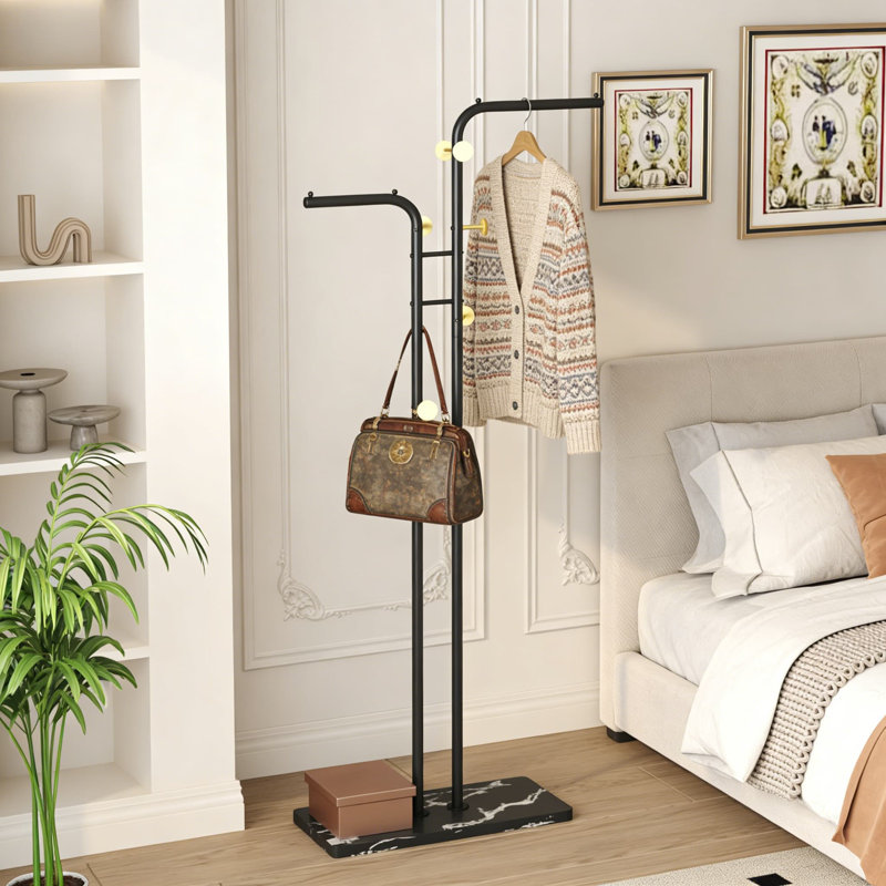 Portemanteau autoportant à deux poteaux avec 5 crochets, porte-chapeaux en métal pour vestibule, chambre à coucher, salon et rangement