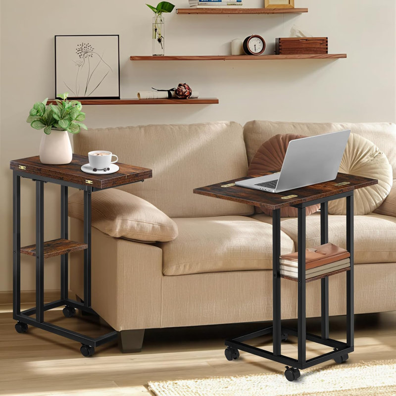 Allyson Rustic Brown Foldable Expandable C-Shaped End Table With Storage & Wheels For Living Room