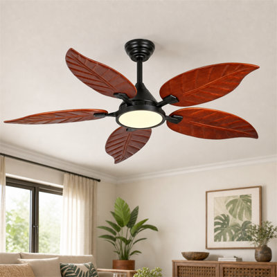 Set Black Bronze Tropical Solid Wood Palm Leaf Indoor Outdoor Reversible Ceiling Fan With Light Easy To Assemble For Patio Living Room All Season Use