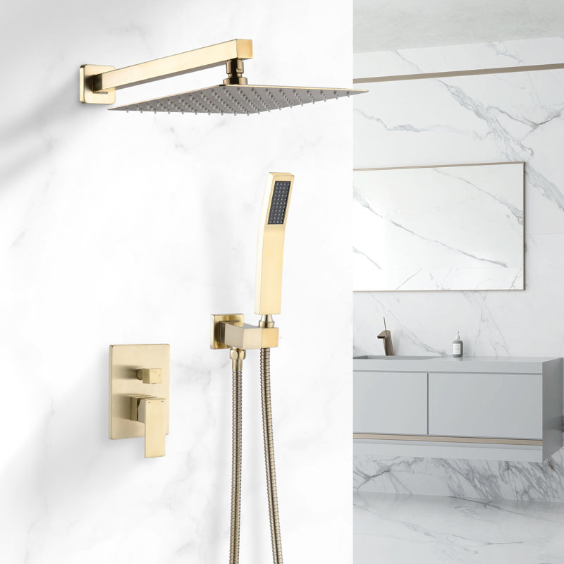 Douche complète en or brossé de 10 pouces avec tête réglable, poignée à levier et température constante pour un système d'eau de salle de bain mural moderne, inverseur, finition de haute qualité